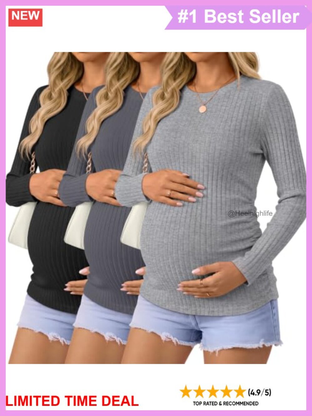 3 Pack Women Maternity Cotton Ribbed Long Sleeve Shirt Side Ruched